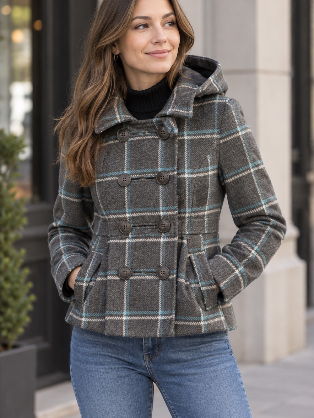 Double-Breasted Hooded Plaid Wool Blend Jacket - Gray